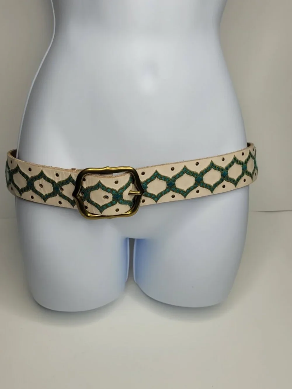 Lucky Brand cream green embraided geometric print western boho festival belt 30